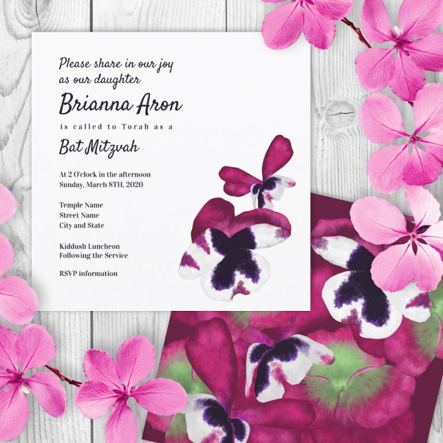 Invitation du Bat mitzvah de Pansies roses profond (pink purple flower petals pansy bat mitzvah invitation, berry violet summer colors, 12 12th twelve)