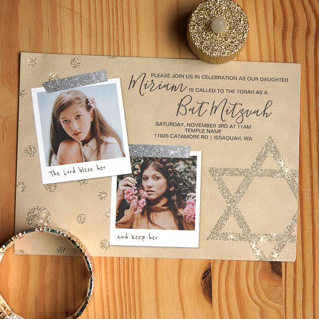 Invitation du Bat mitzvah de Parties scintillant d (Gold and silver glitter star of david bat mitzvah invitation with photos)