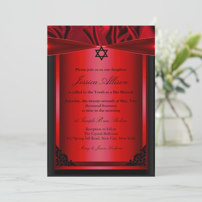 Invitation du bat mitzvah en soie rouge et noire (Debout devant)