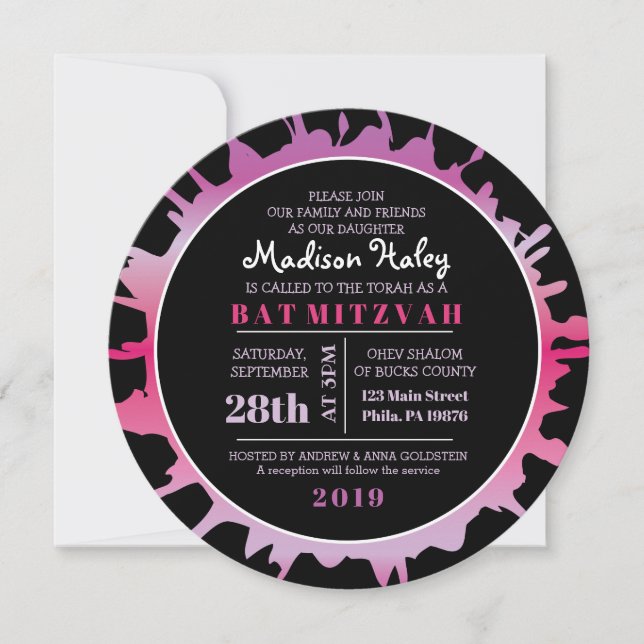 Invitation du Bat mitzvah GLOW Fuchsia Splash Bar (Devant)