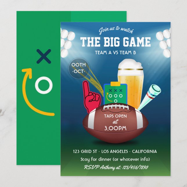 Invitation du Big Game Day Football Party (Devant / Derrière)