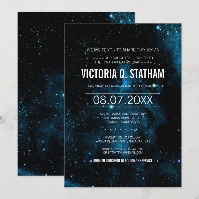 Invitation du Blue Galaxy Bat mitzvah Party (Devant / Derrière)