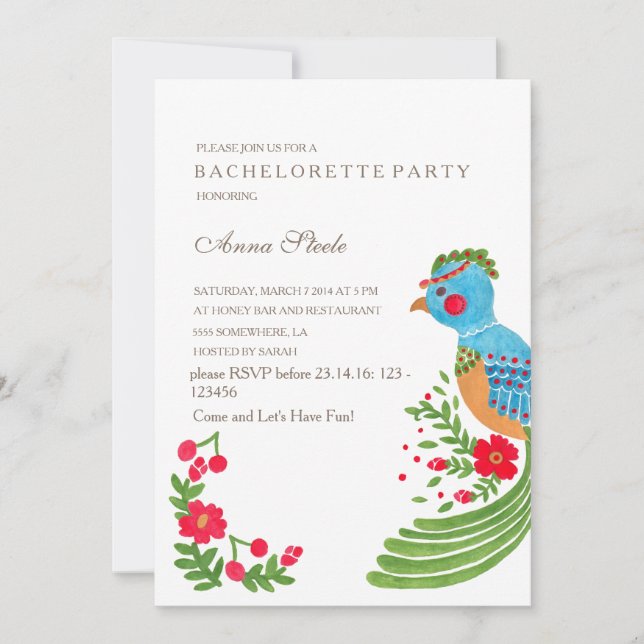 Invitation du Blue Quetzal Bachelorette Party (Devant)