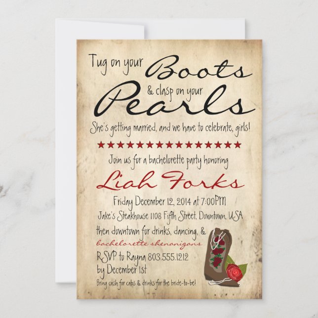 Invitation du Boots & Pearls Bachelorette Party (Devant)