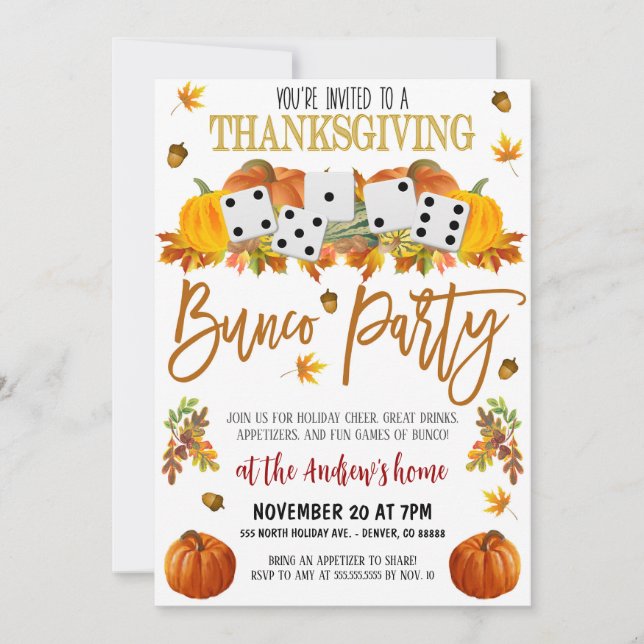 Invitation du Bunco Party de Thanksgiving (Devant)