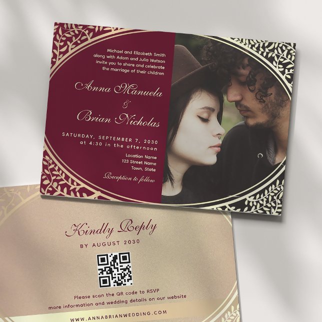 Invitation du code QR Mariage de Bourgogne élégant (Créateur téléchargé)