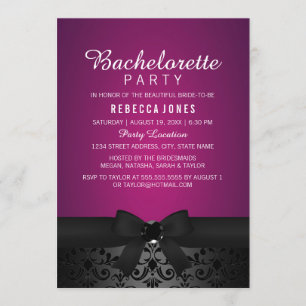 Invitation du Damask Black & Pink Bow Bachelorette