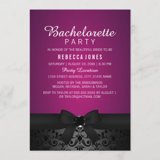 Invitation du Damask Black & Pink Bow Bachelorette