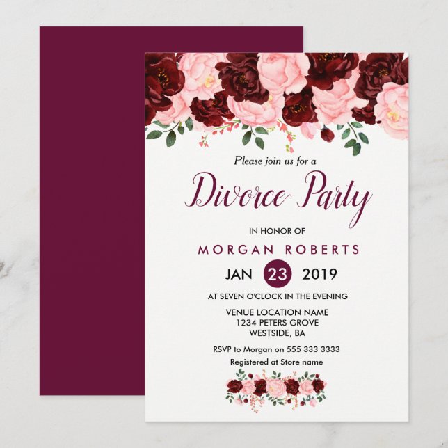 Invitation du Divorce Floral Pink & Burgundy (Devant / Derrière)