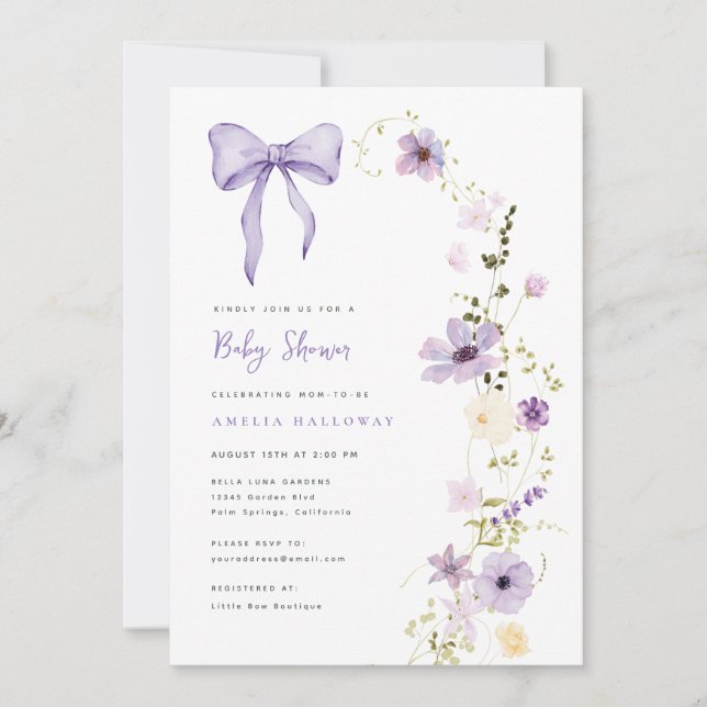 Invitation du Fleur sauvage Baby shower violet (Devant)
