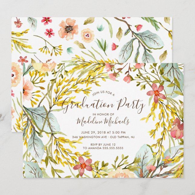Invitation du fleur sauvage Graduation Party (Devant / Derrière)