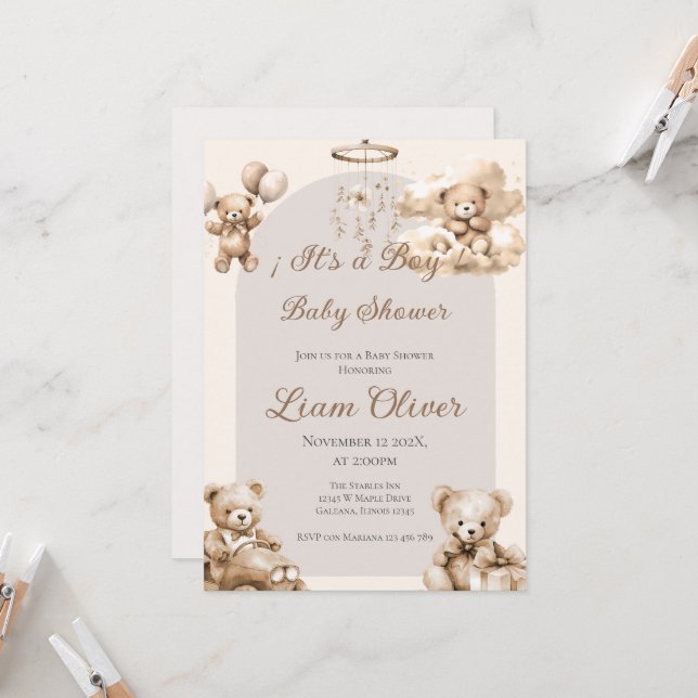 Invitation du garçon Baby shower d'ours (Devant/Arrière en situation)