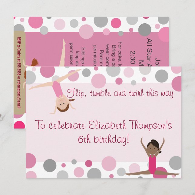 Invitation du Gymnastique Party Pink and Grey (Devant / Derrière)