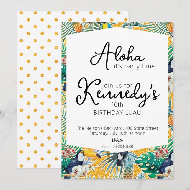 Invitation du Luau Party | Toucans & ananas (Devant / Derrière)