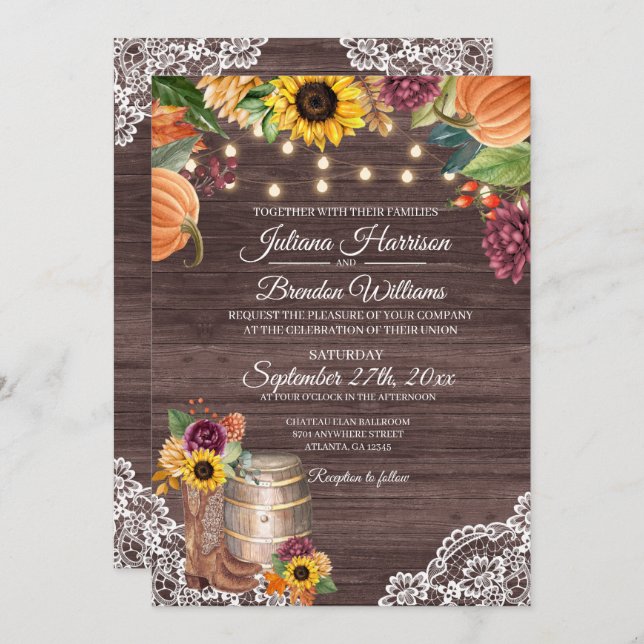Invitation du Mariage de automne de tournesol rust (Devant / Derrière)