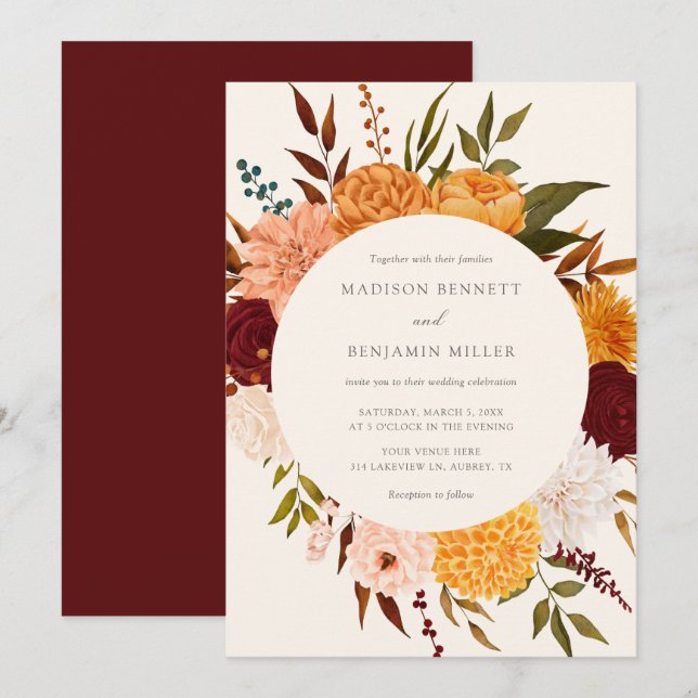 Invitation du Mariage de automne Floral Rose de Bo (Devant / Derrière)