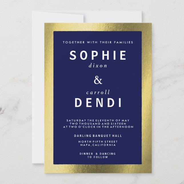 Invitation du Mariage Gold & Navy Foil (Devant)