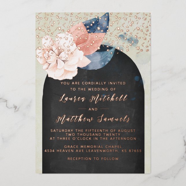 Invitation du Mariage Rose d'or bleu marine (Recto)