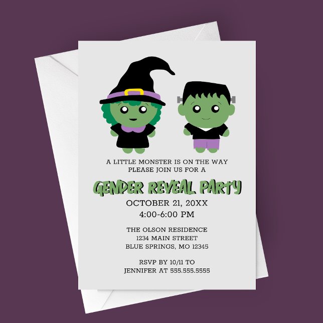 Invitation du Monster de Halloween Genre Revela Pa (Witch or Monster Halloween Gender Reveal Party Invitation)