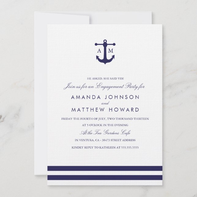 Invitation du Nautical Navy Mariage Engagement Par (Devant)