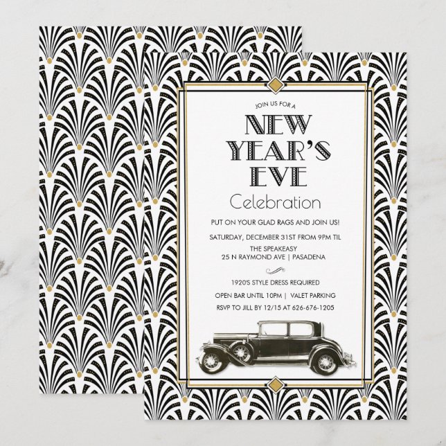 Invitation du Nouvel An Art Déco Gatsby (Devant / Derrière)