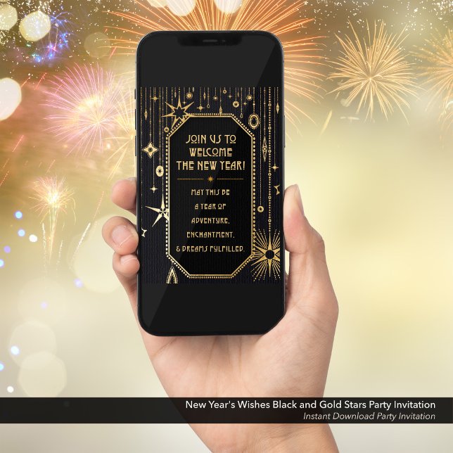 Invitation du Nouvel An des Voeux Noirs et d'Or (New Year's Eve Party E-Card Invitation Slide 1: Glamorous, Art Deco, Retro, Black with Gold Stars)