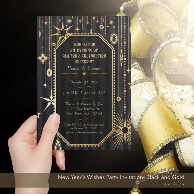 Invitation du Nouvel An des Voeux Noirs et d'Or (New Year's Wishes Black and Gold Party Invitation)