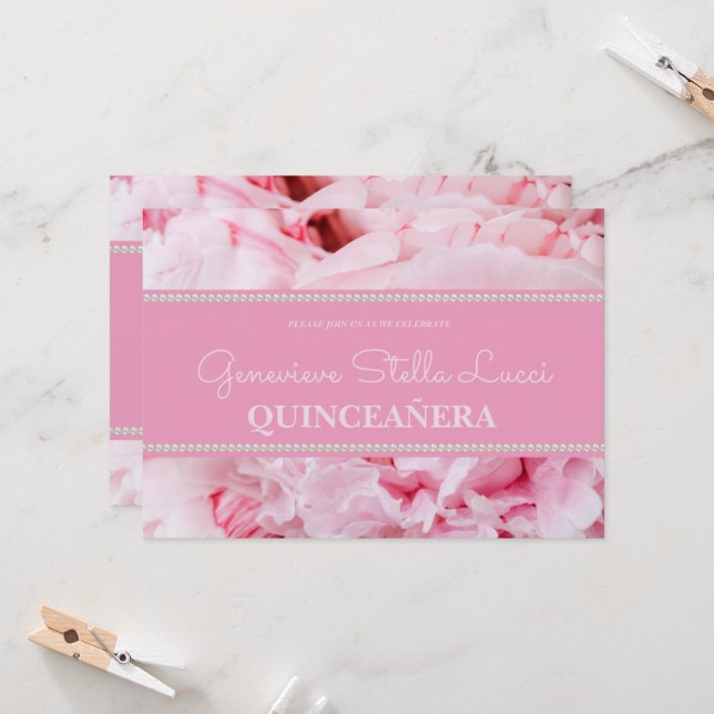 Invitation du parti Quinceañera à la mode rose flo (Devant/Arrière en situation)