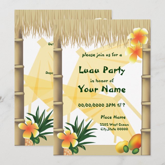 Invitation du parti tropical Hawaiian Luau Tiki Hu (Devant / Derrière)