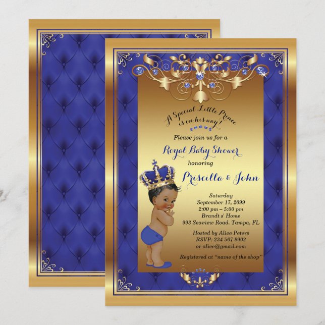 Invitation du petit Baby shower Prince, Royal Blue (Devant / Derrière)
