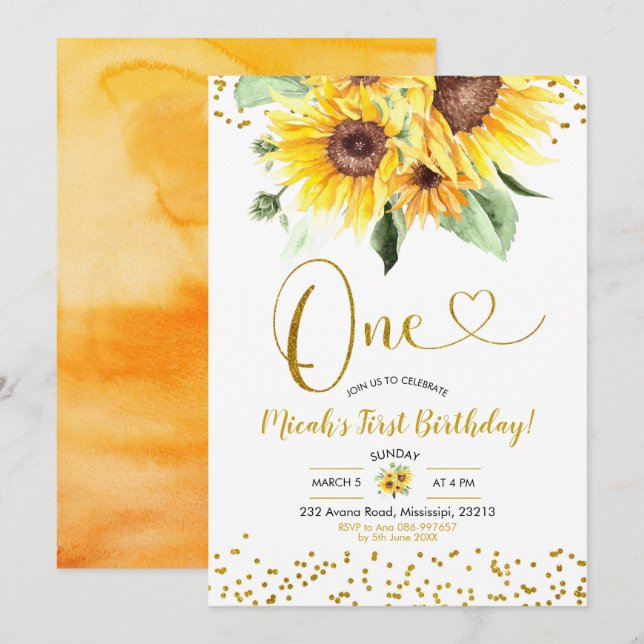 Invitation du premier anniversaire du tournesol (Devant / Derrière)