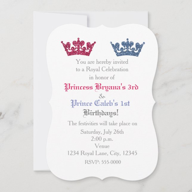 Invitation du Prince & Princess Crowns Twins Party (Devant)