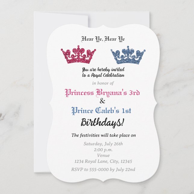 Invitation du Prince & Princess Crowns Twins Party (Devant)