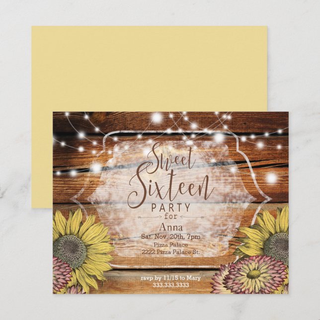 Invitation du Sweet sixteen de tournesol rustique (Devant / Derrière)