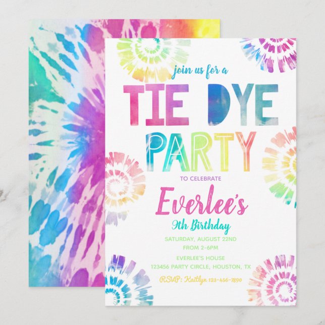 Invitation du Tie Dye Party | Anniversaire de Tie  (Devant / Derrière)