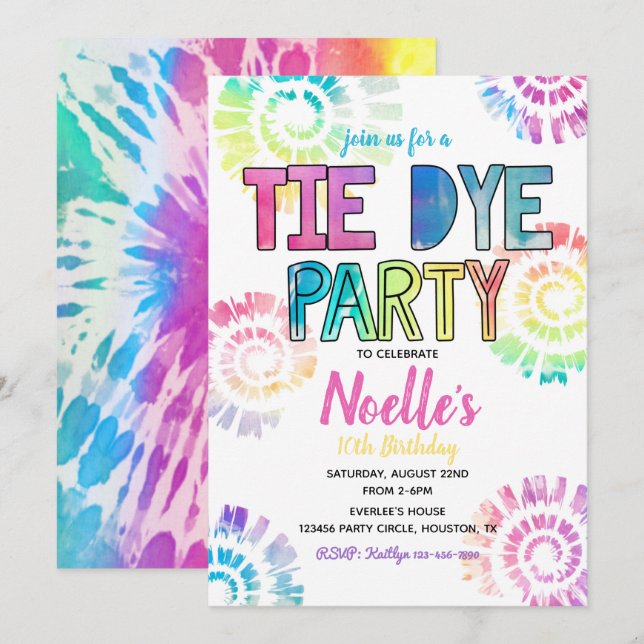 Invitation du Tie Dye Party | Anniversaire de Tie  (Devant / Derrière)