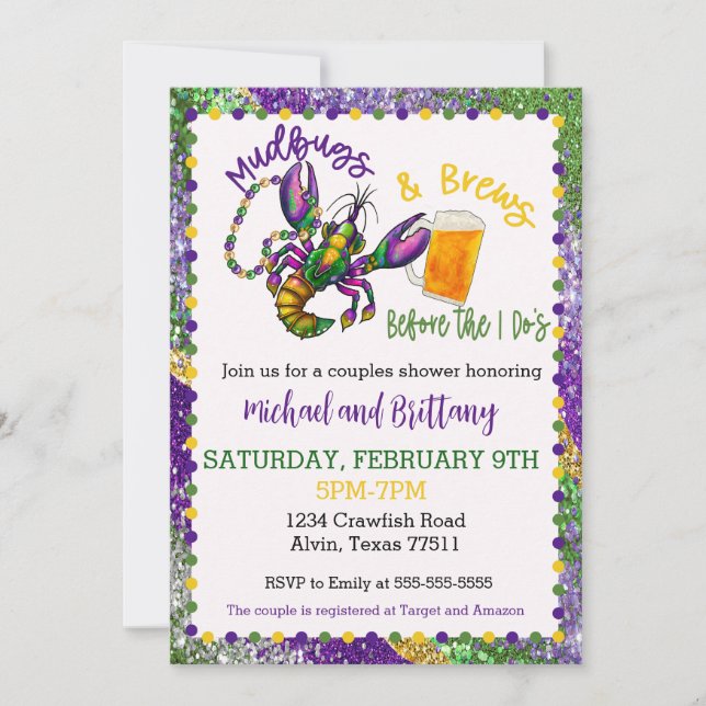 Invitation du Wedding shower Mardi Gras Crawfish (Devant)