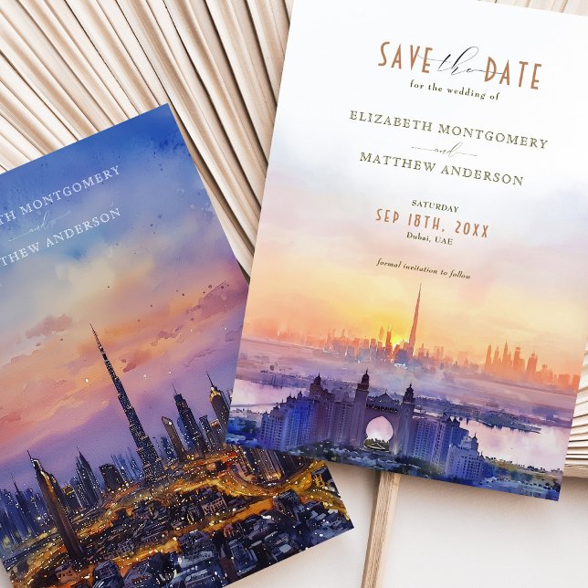 Invitation Dubai Skyline Sunset Wedding Enregistrer la date (Créateur téléchargé)