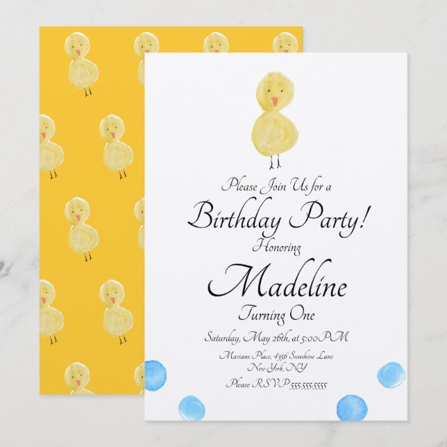 Invitation Duck Aquarelle Peinture Premier Anniversaire fête  (Devant / Derrière)
