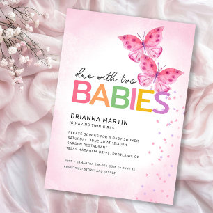 Invitation Due avec deux papillons roses Baby shower jumeaux