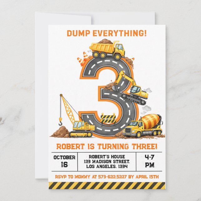 Invitation Dump Everything Construction Truck 3rd Birthday (Devant)