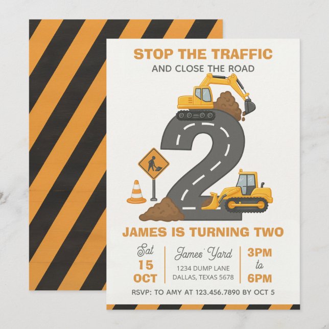 Invitation Dump Truck Construction 2nd Birthday (Devant / Derrière)