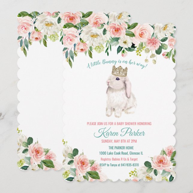Invitation d'un petit lapin Baby shower d'aquarell (Devant / Derrière)