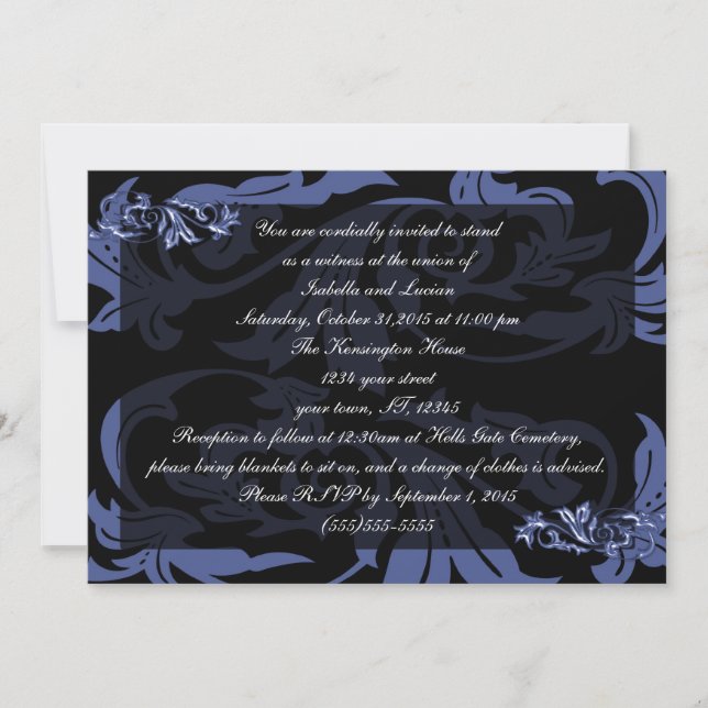 Invitation Dusk Blue Damask Goth Mariage (Devant)