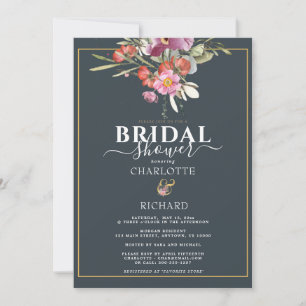 Invitation Dusky Blue, Rose Floral Or Bridal Shower  