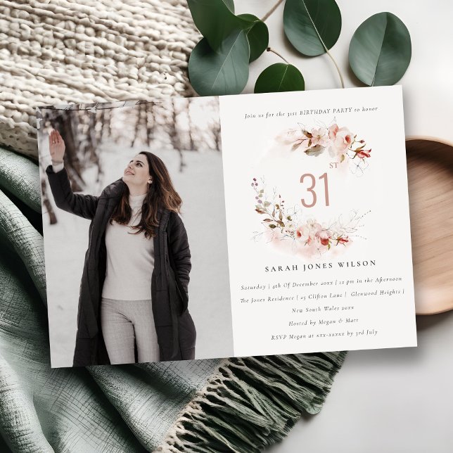 Invitation Dusky Fall Marsala Blush Floral Photo Anniversaire (Créateur téléchargé)