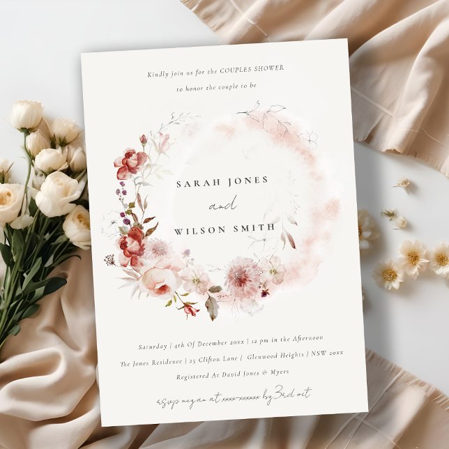 Invitation Dusky Fall Marsala Floral Wreath Couples Douche (Créateur téléchargé)