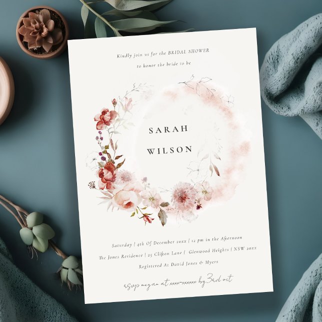 Invitation Dusky Fall Marsala Floral Wreath Fête des mariées (Créateur téléchargé)