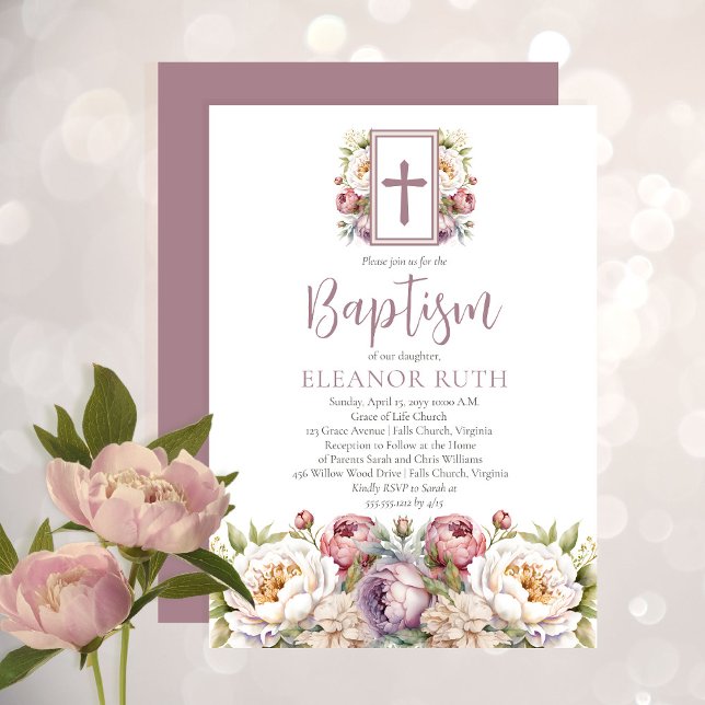 Invitation Dusky Lavender Blossoms Girl Floral Baptism (Créateur téléchargé)