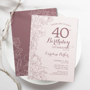 Invitation Dusky Pink Floral 40e fête d'anniversaire